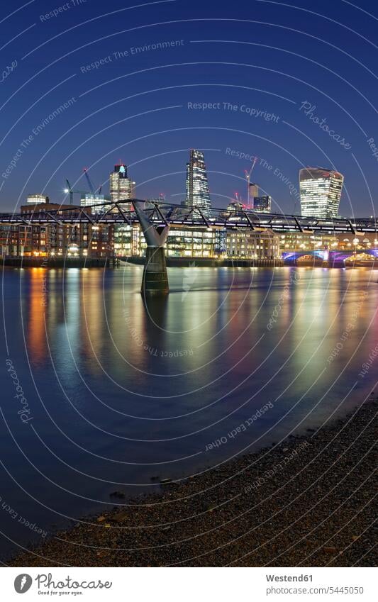 UK, London, skyline with office towers and Millenium Bridge at night View Vista Look-Out outlook city cities metropolis Architecture outdoors outdoor shots