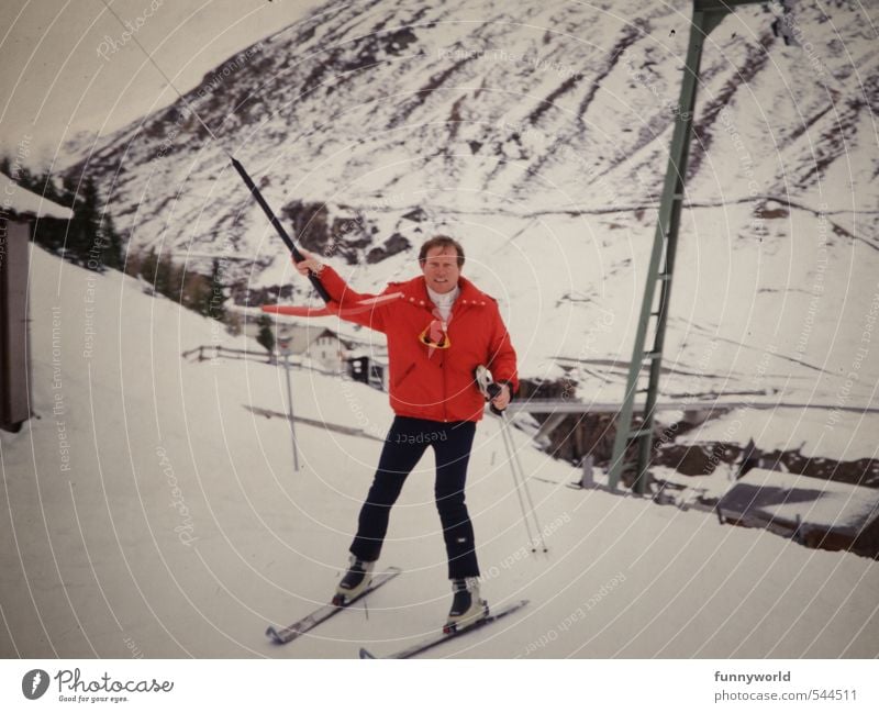 Anchor lift with red jacket Sports Winter sports Skiing Skis Ski run Masculine Man Adults 1 Human being 30 - 45 years Landscape Ice Frost Snow Alps Mountain