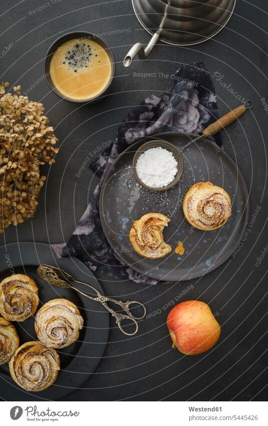 Home-baked apple tart with rose pattern Pastry Pastries tartlet icing sugar powdered sugar small little pie pies tarts tartlets strainer Missing Bite