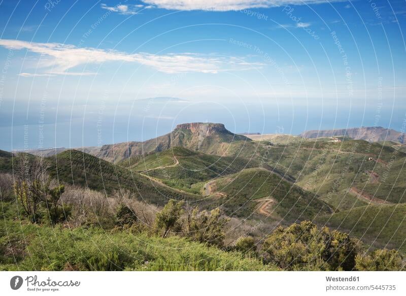 Spain, Canary islands, La Gomera with El Hierro island in background high Solitude seclusion Solitariness solitary remote secluded copy space elevated view