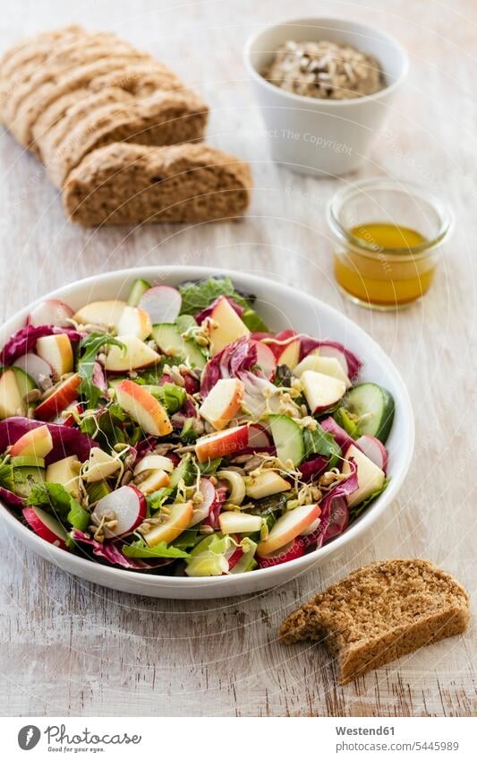 Mixed salad and bread food and drink Nutrition Alimentation Food and Drinks Radicchio Radicchio Salad lettuce jar jars sprouts pieces dressing food dressing