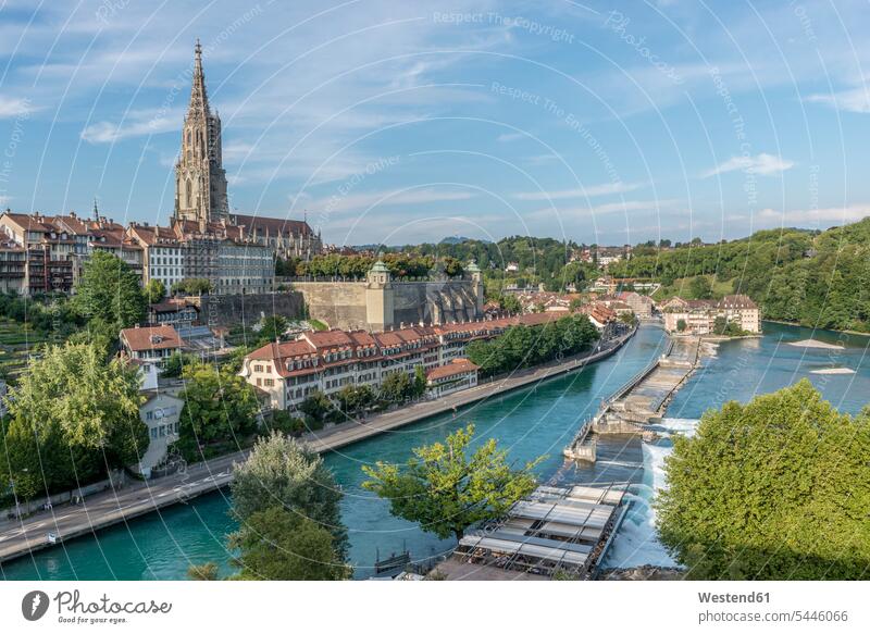 Switzerland, Bern, cityscape with minster and River Aare seen from Kirchenfeldbruecke copy space View Vista Look-Out outlook building buildings aare river