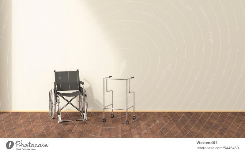Wheelchair and wheeled walker in a waiting room, 3D rendering wheelchair wheelchairs copy space Absence Absent Social Issues Social Topic Social Topics