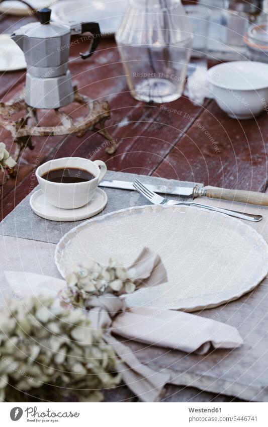 Italy, laid breakfast table on terrace Breakfast terraces Table Tables Meals Food foods food and drink Nutrition Alimentation Food and Drinks Selective focus