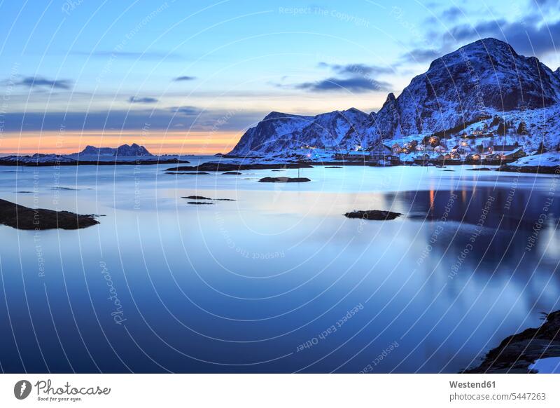 Norway, Lofoten Islands, Sorvagen at night coast coastline coast area Seacoast seaside outdoors outdoor shots location shot location shots snow-covered