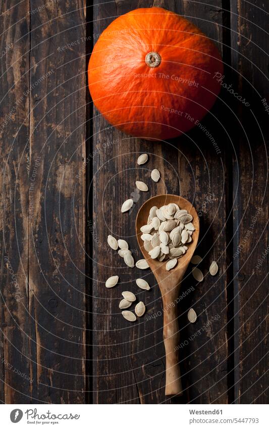 Hokkaido pumpkin and wooden spoon of pumpkin seeds on dark wood nobody Hokkaido pumpkins Red kuri squash orange wooden spoons healthy eating nutrition