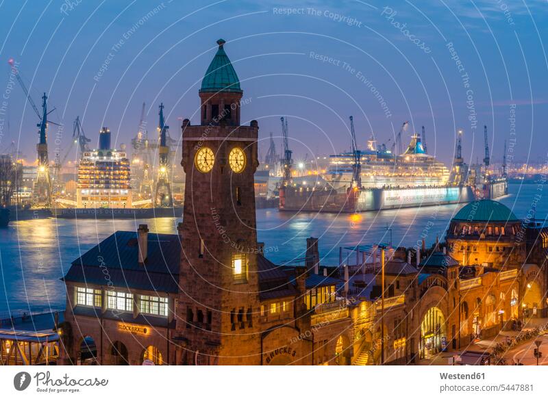 Germany, Hamburg, St. Pauli Landing stages, Gauge Tower, cruise ships at harbour, blue hour elbe river Elbe River Elbe Hanseatic city Hanseatic cities