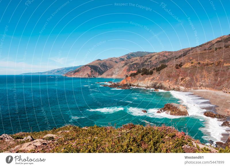 USA, California, View of coast with beach, Big Sur National Park coastline coast area Seacoast seaside blue sky blue skies clear sky Travel beaches