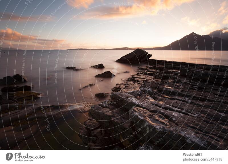 UK, Scotland, Isle of Skye, beach of Elgol at sunset sky skies landscape landscapes scenery terrain Solitude seclusion Solitariness solitary remote secluded