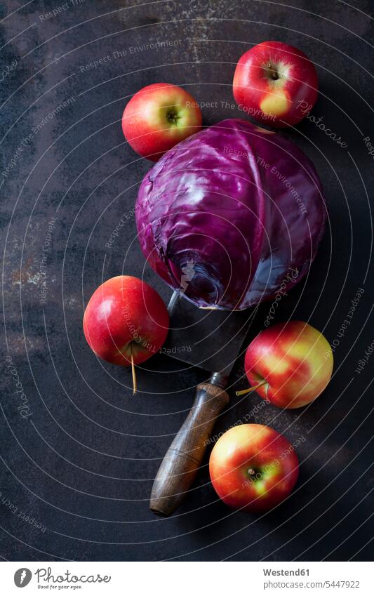 Red cabbage, apples and cleaver on rusty ground nobody red apple red apples Apple Apples Red Cabbage Purple Cabbage copy space purple chopping knife chopper