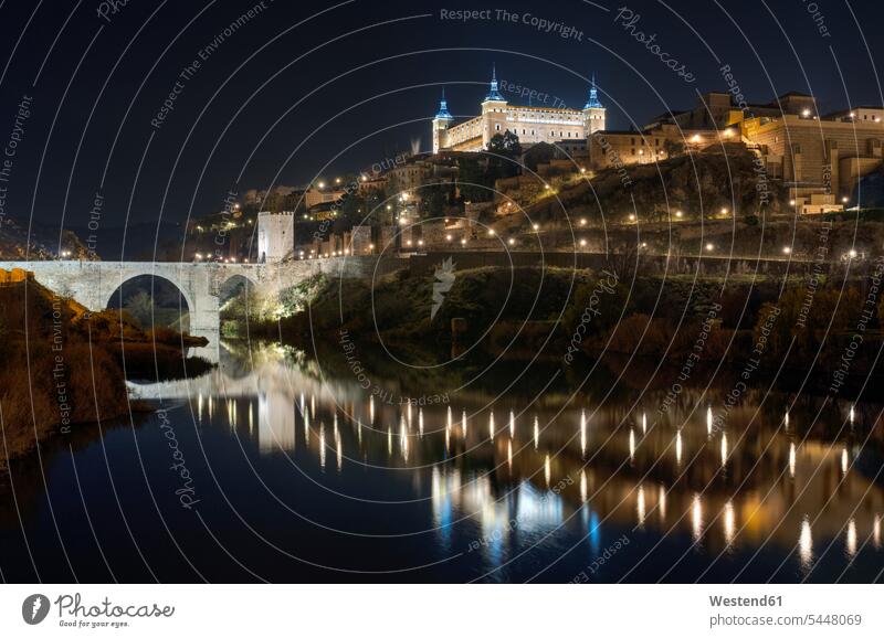 Spain, Toledo, view to lighted city at night by night nite night photography tranquility tranquillity Calmness World Cultural Heritage illuminated Illuminating