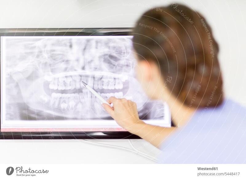 Female dentist examining x-ray of teeth on screen tooth x-ray image x-rays radiography radiographies checking examine female dentist female dentists