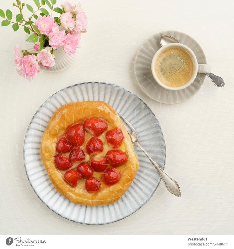 Flowers, coffee and Danish pastry with strawberries and custard food and drink Nutrition Alimentation Food and Drinks afternoon Coffee Cup Coffee Cups Custard