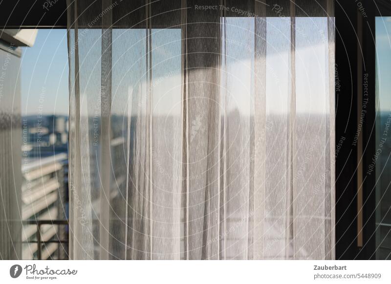 Veiled view from the window through a curtain on the city, drapery, light and shadow Window Curtain Looking Vail obscured crease Sun Light romantic covert
