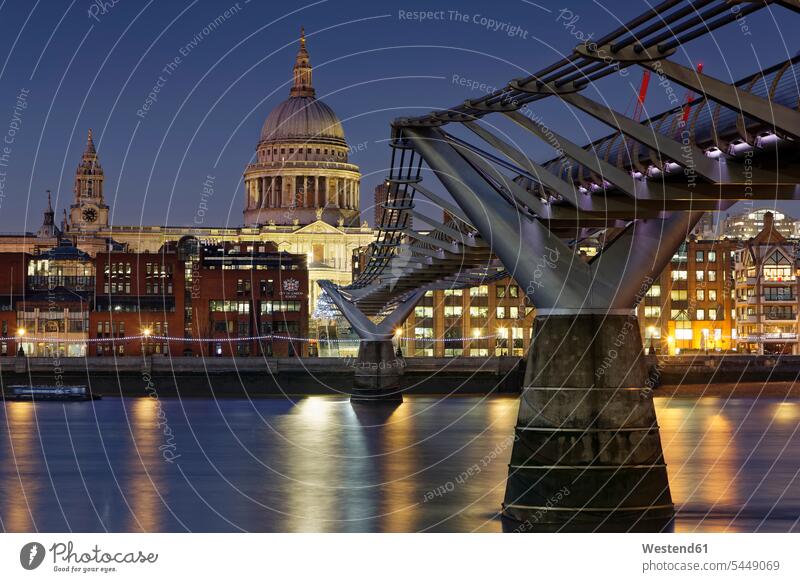 UK, London, St Paul's Cathedral and Millennium Bridge at night capital Capital Cities Capital City outdoors outdoor shots location shot location shots