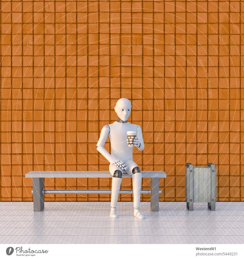 Robot sitting on bench at platform, drinking coffee benches copy space futuristic the future visionary substitute disposable cup disposable cups waste bin