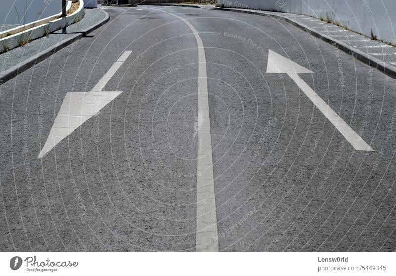 Road with two arrows pointing into opposite directions asphalt backward concept decision forward gray lane line nobody orientation path progress