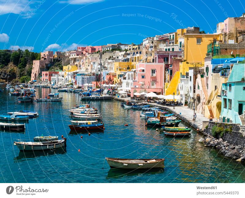 Italy, Campania, Gulf of Naples, Phlegraean Islands, Procida Island, Harbour, Marina di Corricella cloud clouds village view townscape View Vista Look-Out