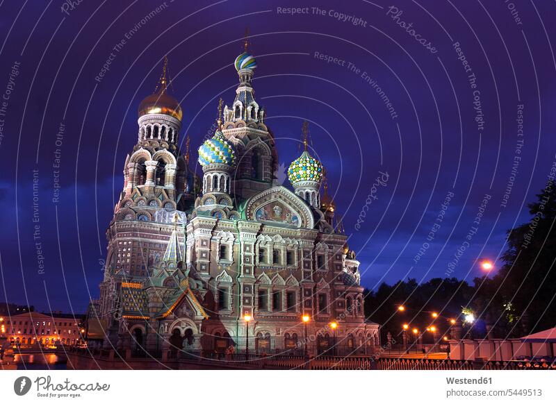Russia, St. Petersburg, Church of the Savior on Spilled Blood at night illuminated lit lighted Illuminating illumination lighting outdoors outdoor shots