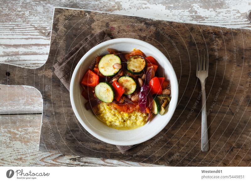 Grilled vegetables on polenta overhead view from above top view Overhead Overhead Shot View From Above food and drink Nutrition Alimentation Food and Drinks