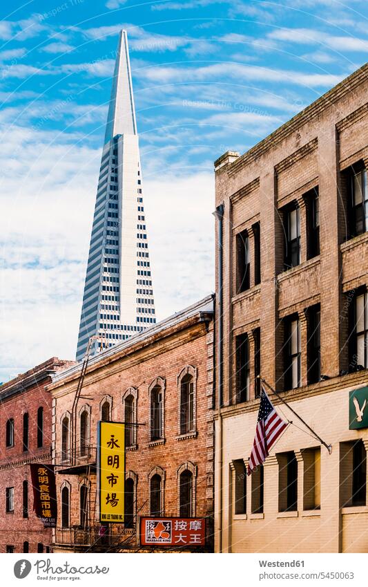 USA, California, San Francisco, Chinatown, Transamerica Pyramid cloud clouds city cities metropolis Architecture urban scene flag flags sign signs landmark