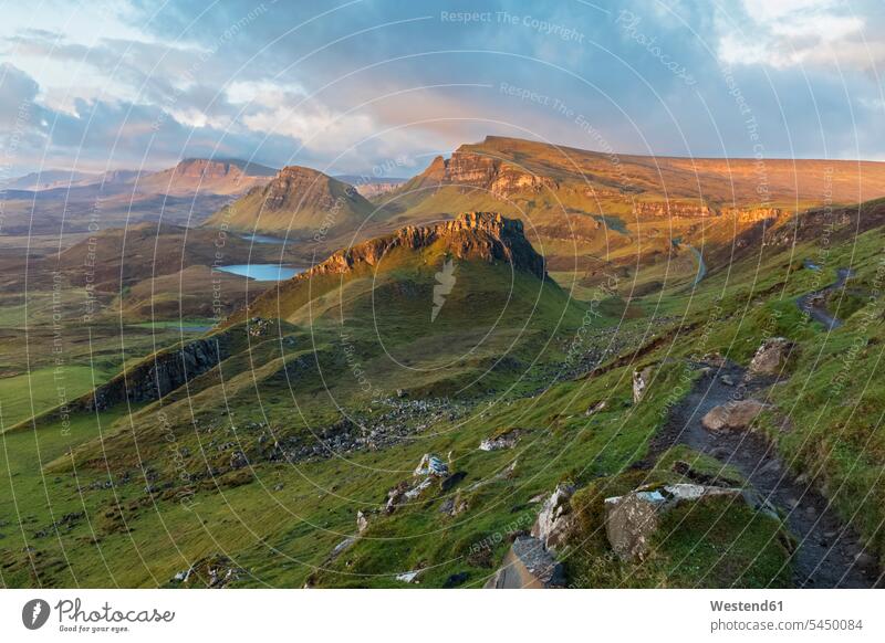 UK, Scotland, Inner Hebrides, Isle of Skye, Trotternish, morning mood above Quiraing, view towards Loch Cleat shadow shadows Shades Highland Atlantic Coast