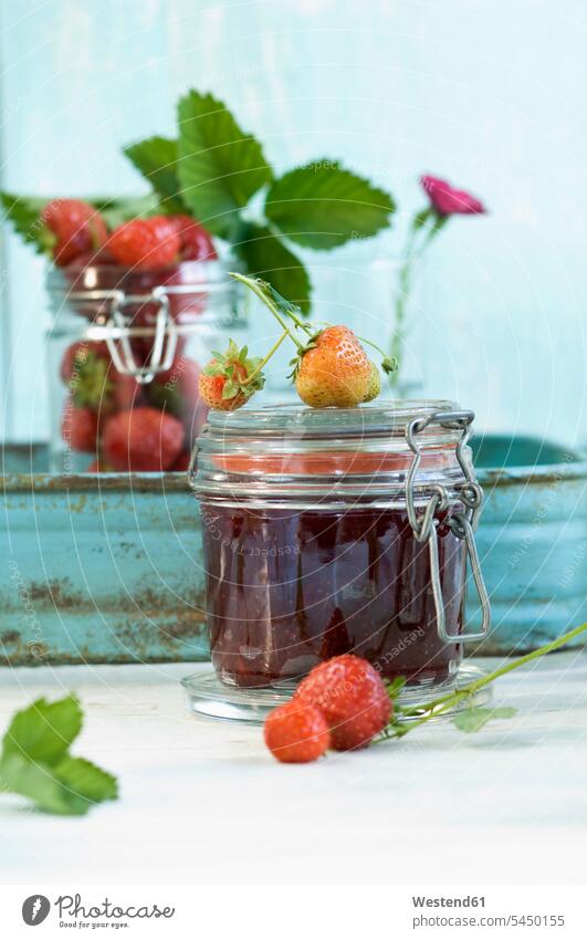Preserving jar of homemade strawberry jam Strawberry Strawberries Fragaria food and drink Nutrition Alimentation Food and Drinks Hoop lock airtight