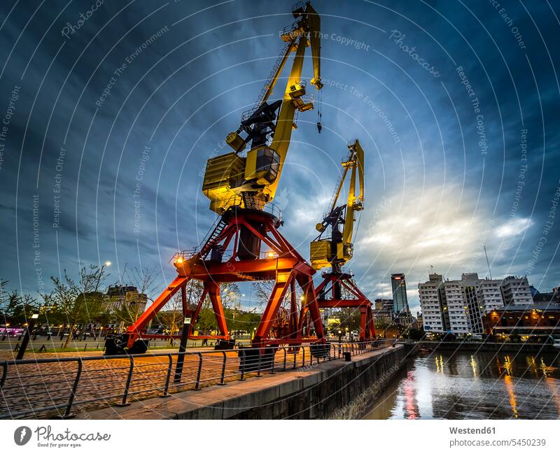 Argentina, Buenos Aires, Puerto Madero, Dock Sud with old harbour crane at night illuminated lit lighted Illuminating Travel destination Destination