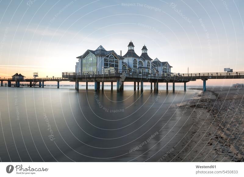 Germany, Ruegen, Sellin, view to sea bridge at morning twilight Sea ocean pile dwelling stilt houses pile dwellings Baltic Sea island Baltic Sea islands