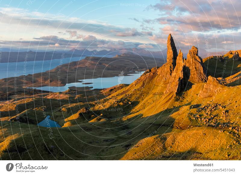 UK, Scotland, Inner Hebrides, Isle of Skye, Trotternish, morning mood at Loch Leathan and The Storr rock rocks Highland Atlantic Coast West Coast outdoors