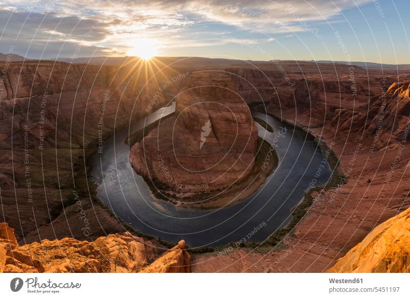 USA, Arizona, Page, Colorado River, Glen Canyon National Recreation Area, Horseshoe Bend meander sunset sunsets sundown Lens Flare Lens Flares Lensflare