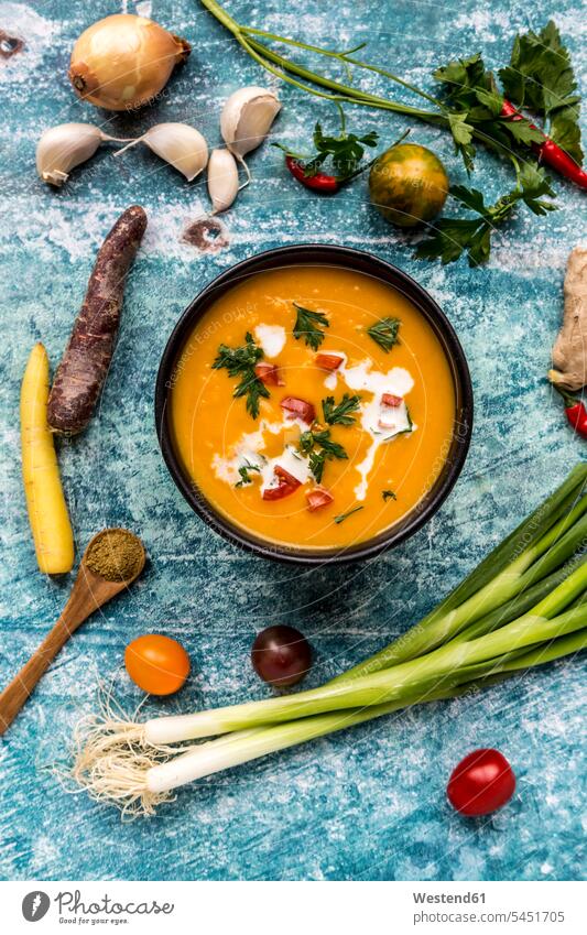 Sweet potato soup with carrot, tomato, leek, garlic, parsley and cumin food and drink Nutrition Alimentation Food and Drinks mashed puréed Tomato Tomatoes