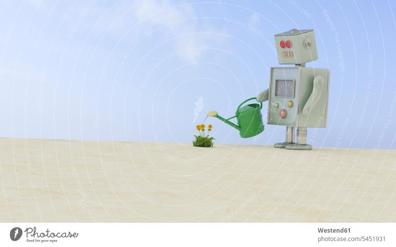 Robot watering dandelions Idea Ideas robot robots 3D Rendering 3D-Rendering digitization digitazing digitalisation digitalization watering can watering cans