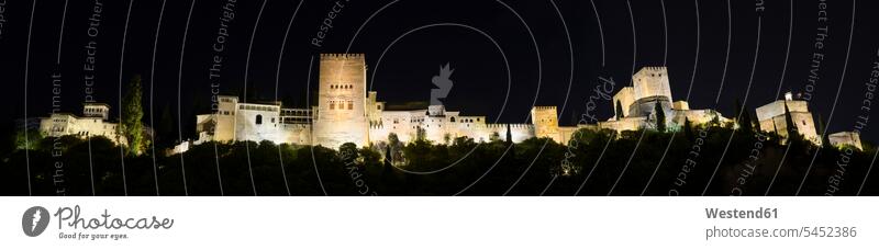 Spain, Andalusia, Granada, Alhambra palace by night illuminated lit lighted Illuminating illumination lighting outdoors outdoor shots location shot