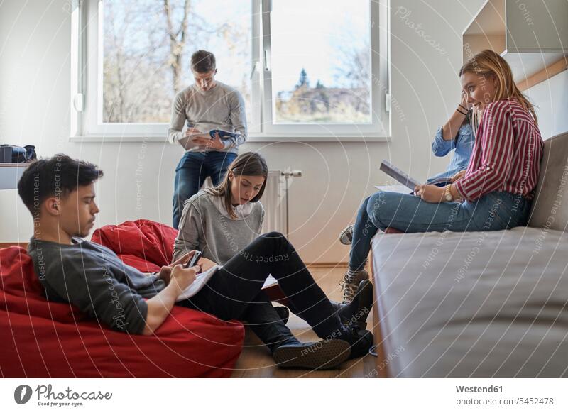 Group of students in dormitory learning together group of people groups of people student accommodation dorms student dorm dormitories student dorms persons