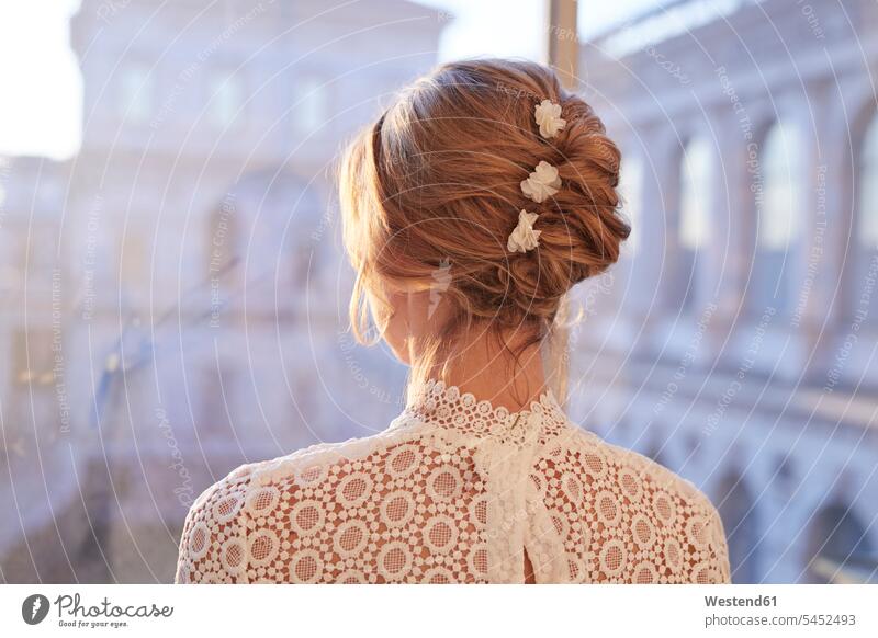 Portrait of blond bride, rear view, looking through window Wedding getting married marrying Marriage Looking Through Window Looking Through A Window