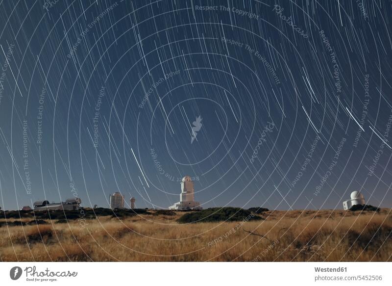 Spain, Tenerife, star trails over Teide observatory Architecture mountain mountains outdoors outdoor shots location shot location shots motion Movement moving