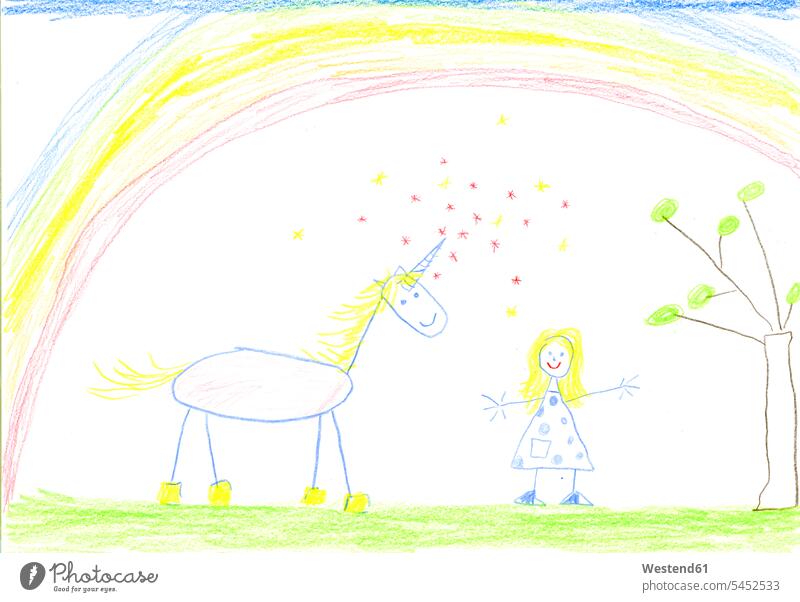 Child's drawing of unicorn and girl on paper painted Imagination fantasy Phantasy imagining close-up close up closeups close ups close-ups sheet of paper sheets