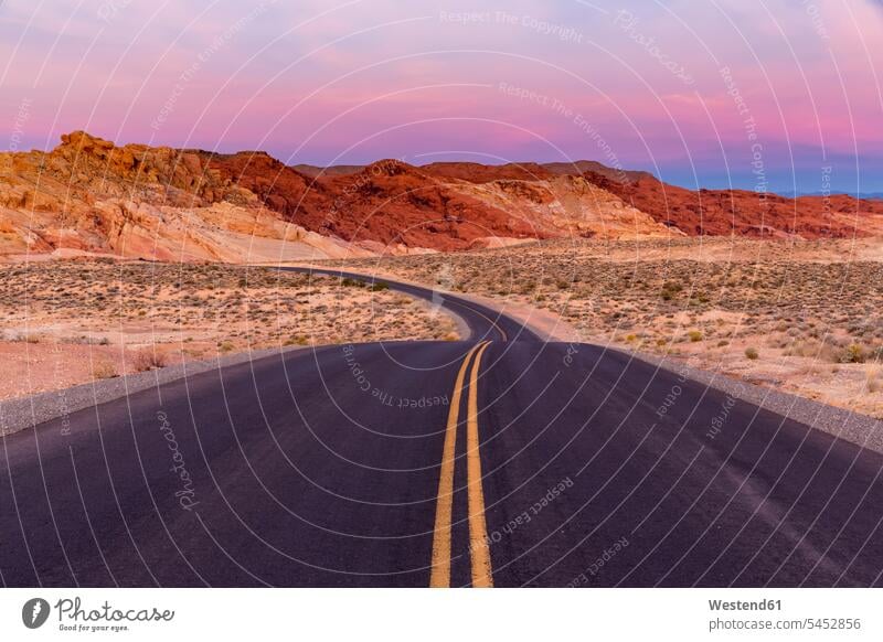 USA, Nevada, Valley of Fire State Park, sandstone and limestone rocks, scenic road at twilight scenics sceneries scenery landscape scenic view nature