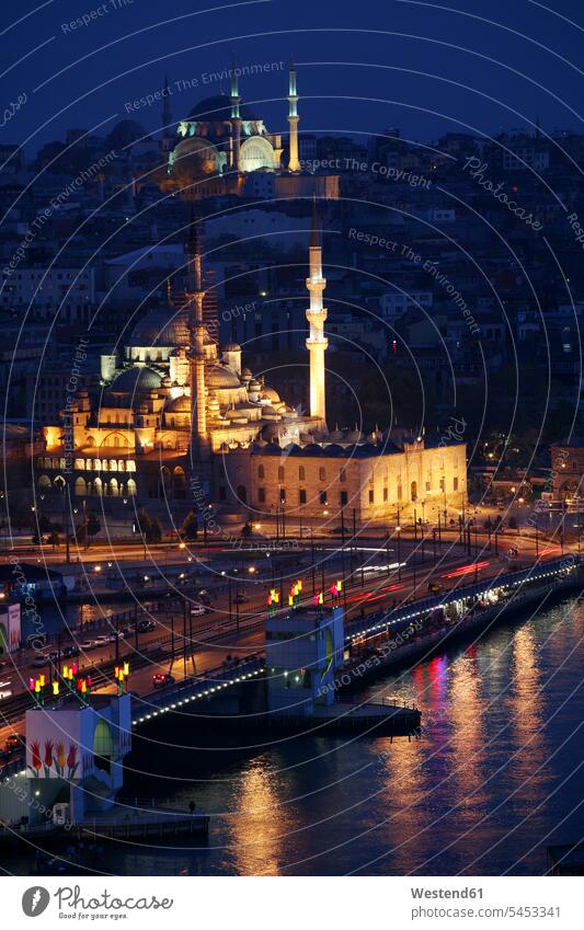 Turkey, Istanbul, view to lighted Haghia Sophia and Blue Mosque from Galata Tower by night City Break City Trip Urban Tourism Sultanahmet Camii