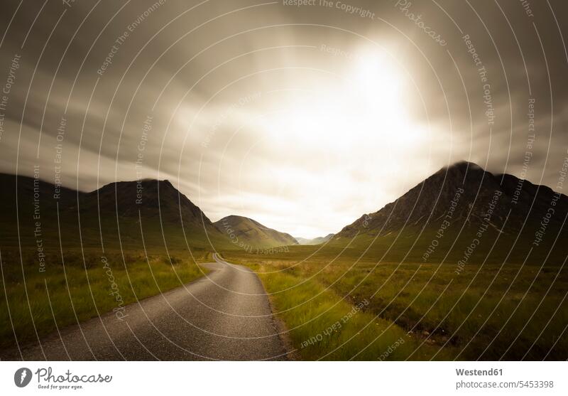 UK, Scotland, empty road at Trossachs National Park nobody tranquility tranquillity Calmness evening light Absence Absent emptiness mountain mountains Lane