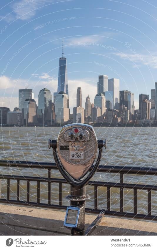 USA, New York City, Manhattan, New Jersey, cityscape with coin operated binoculars landmark sight place of interest View Vista Look-Out outlook waterfront