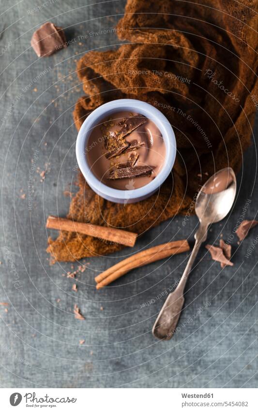 Chocolate pudding with cinnamon stick sticks cinnamon sticks prepared Chocolate Pudding Chocolate Blancmange cloth clothes ready to eat ready-to-eat Sweet Food