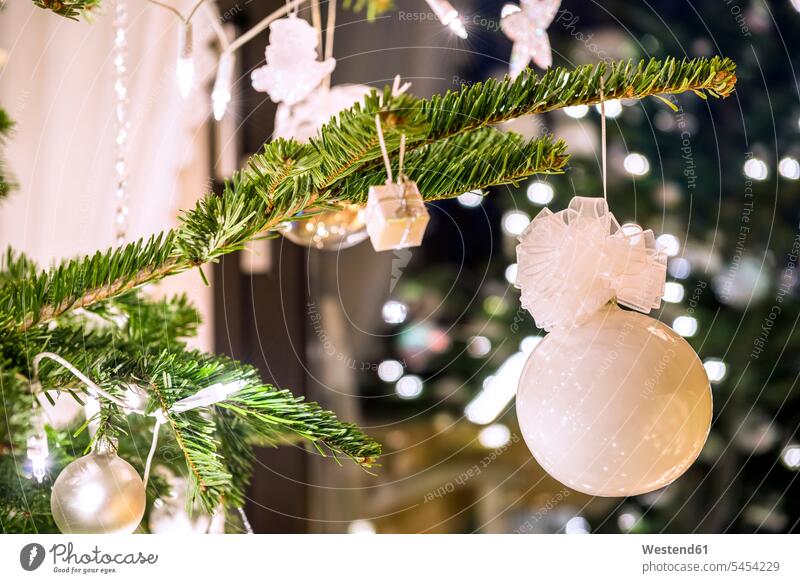 Fir branch with white Christmas decoration decorating decorations focus on foreground Focus In The Foreground focus on the foreground Christmas decorations
