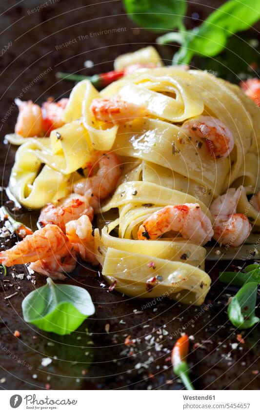 Pappardelle with crayfish basil Basils nobody Pasta preparing Food Preparation preparing food seasoned flavored spiced flavoured close-up close up closeups