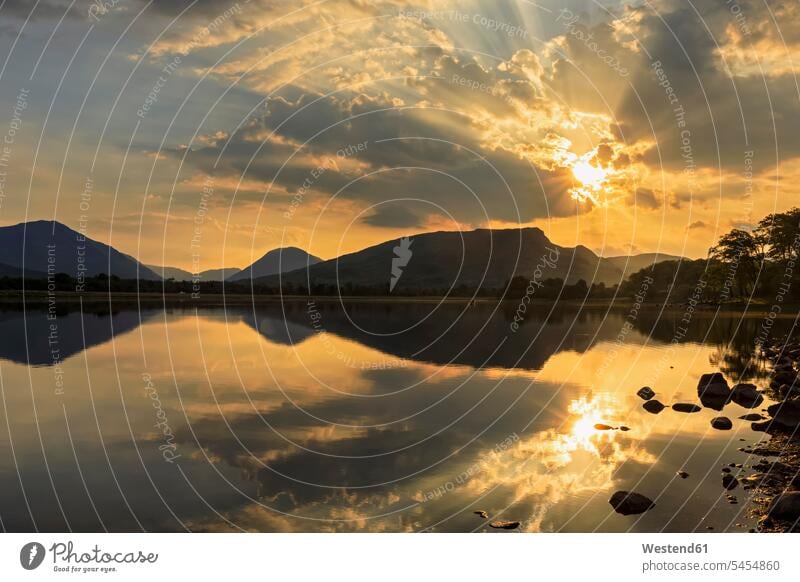 Great Britain, Scotland, Scottish Highlands, Argyll and Bute, Loch Awe, Castle Ruin Kilchurn Castle at sunset Romantic Sky Backlit back light backlight