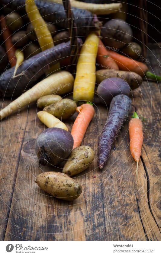 Winter vegetables, carrot, beetroot, potato and parsnip uncooked raw rich in vitamines rustic winter vegetables abundance Plentiful dark wood Carrot Carrots