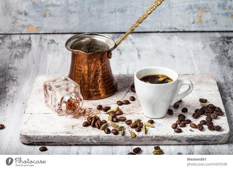 Cup of Arabian Coffee and ingredients copy space Coffee Cup Coffee Cups copper still life still-lifes still lifes Mocha Mocha Coffee Nostalgia nostalgic