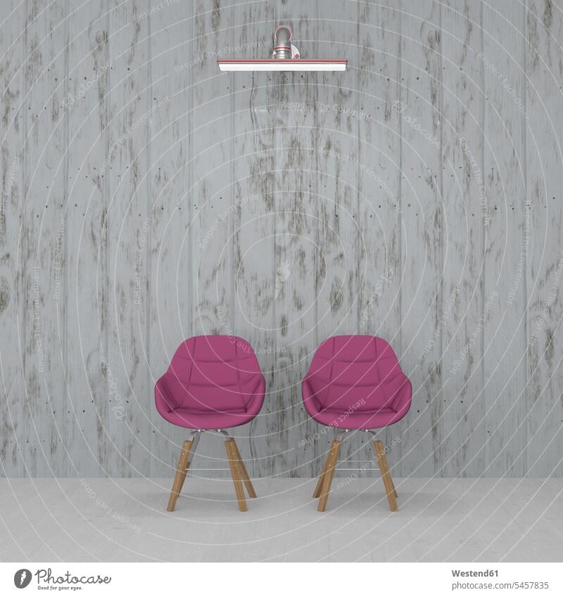 3D rendering, Two chairs in front on wall, lit by wall lamp lamps simplicity Modest simple wooden wall wooden walls illuminated lighted Illuminating two objects