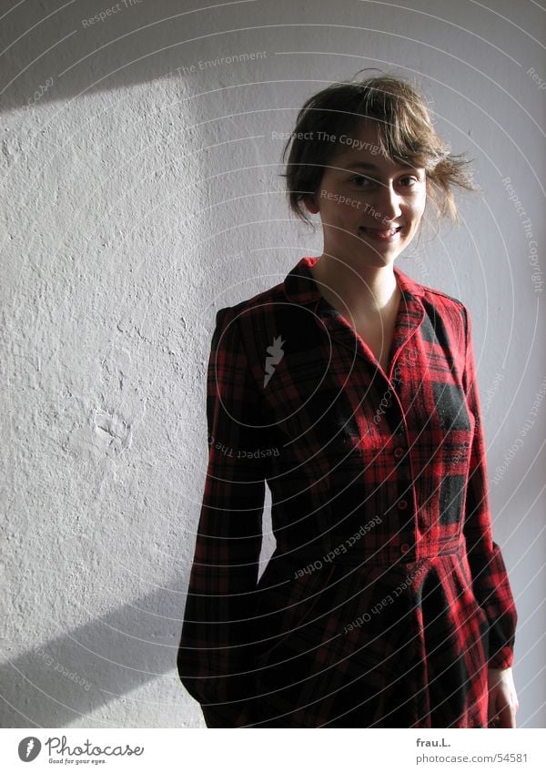 Lana chequered Stewart tartan Woman Dress Checkered Delicate Wall (building) Window Happiness Red Human being Clothing portrait. portrait Laughter Nature ulani